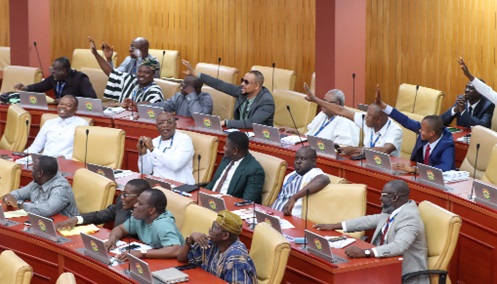 Majority Members of Parliament reacting to the Minority walkout ahead of the mid-year budget review presentation Majority Members of Parliament reacting to the Minority walkout ahead of the mid-year budget review presentation